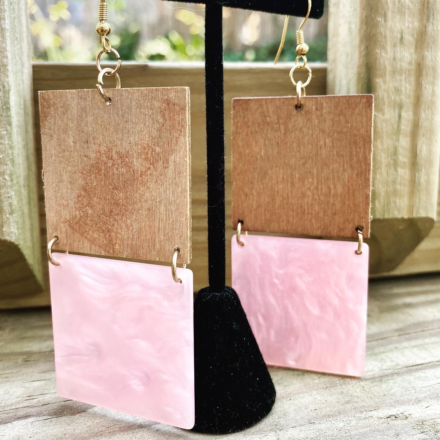 Pink wood earrings